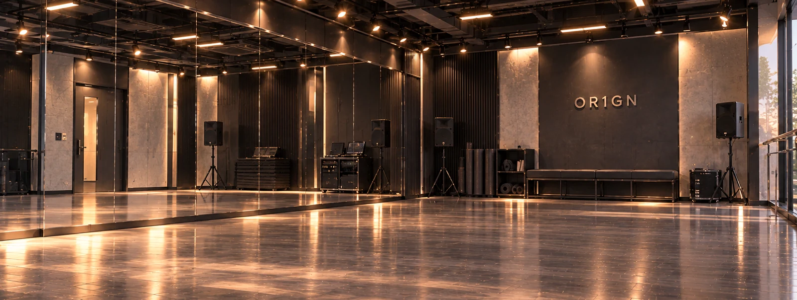 OR1GN dance practice room with mirrored walls, warm lighting, and the OR1GN sign